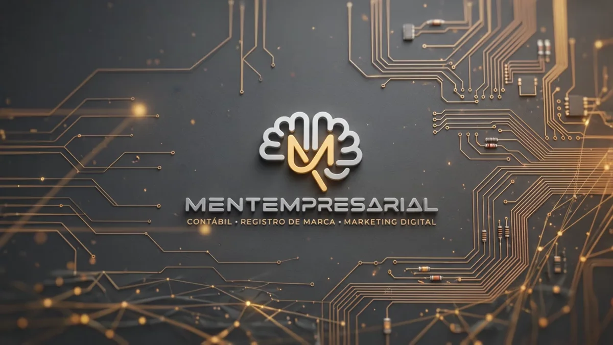 Marca Mentempresarial no centro de uma composição de circuitos metálicos e dourados